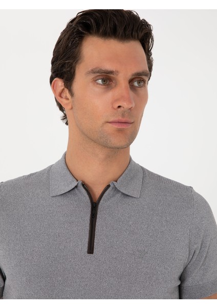 Erkek Gri Slim Fit Fermuarlı Polo Yaka Triko T-Shirt 50300817-VR024 fiyatları