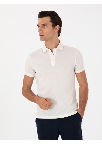 Erkek Ekru Slim Fit Polo Yaka Pamuklu Basic T-Shirt 50300934-VR019