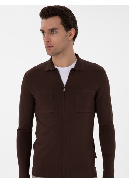 Erkek Kahverengi Regular Fit Tam Fermuarlı Triko Hırka 50299420-VR029