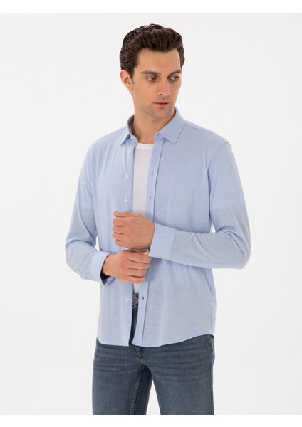 Erkek Açık Mavi Slim Fit Pamuk Karışımlı Alttan Biritli Fitilli Gömlek 50304495-VR003