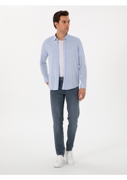 Erkek Açık Mavi Slim Fit Pamuk Karışımlı Alttan Biritli Fitilli Gömlek 50304495-VR003 fırsatları