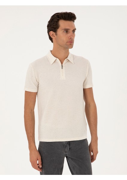 Erkek Ekru Slim Fit Keten Karışımlı Fermuarlı Polo Yaka T-Shirt 50286256-VR019