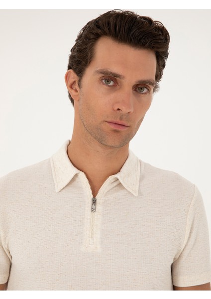 Erkek Ekru Slim Fit Keten Karışımlı Fermuarlı Polo Yaka T-Shirt 50286256-VR019