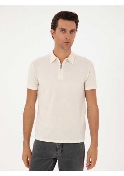 Erkek Ekru Slim Fit Keten Karışımlı Fermuarlı Polo Yaka T-Shirt 50286256-VR019