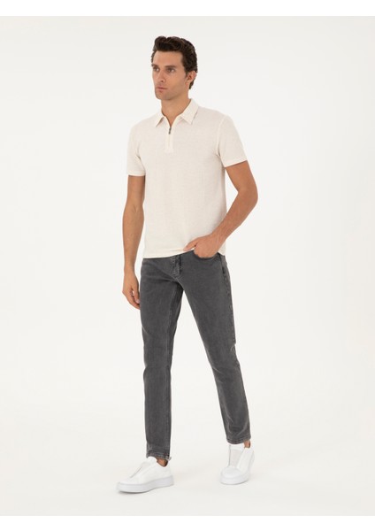 Erkek Ekru Slim Fit Keten Karışımlı Fermuarlı Polo Yaka T-Shirt 50286256-VR019