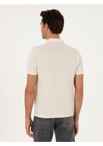 Erkek Ekru Slim Fit Keten Karışımlı Fermuarlı Polo Yaka T-Shirt 50286256-VR019