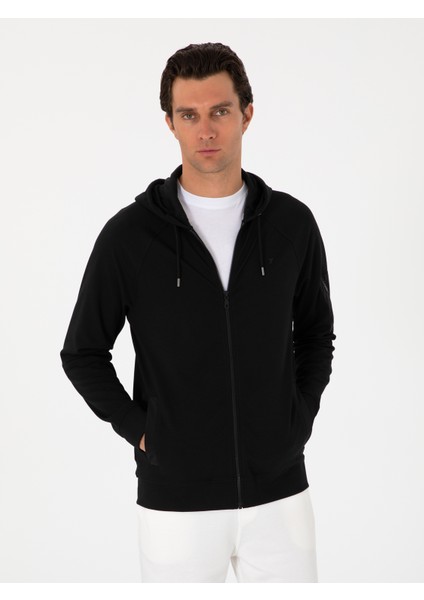 Erkek Siyah Regular Fit Tam Fermuarlı Kapüşonlu Sweatshirt 50300994-VR046