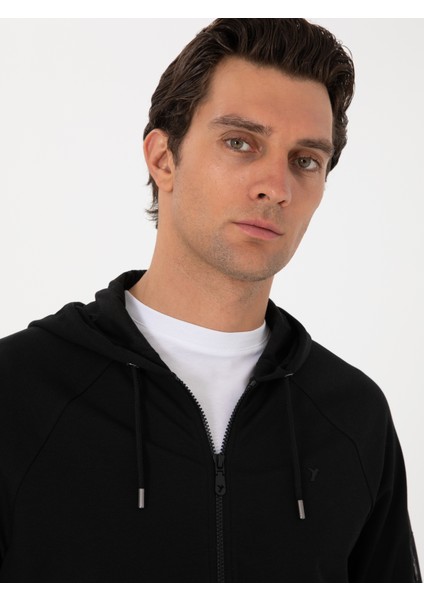 Erkek Siyah Regular Fit Tam Fermuarlı Kapüşonlu Sweatshirt 50300994-VR046