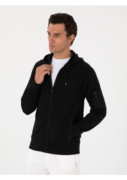Erkek Siyah Regular Fit Tam Fermuarlı Kapüşonlu Sweatshirt 50300994-VR046
