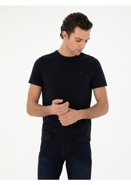 Erkek Lacivert Slim Fit Bisiklet Yaka Merserize Basic T-Shirt 50305451-VR033