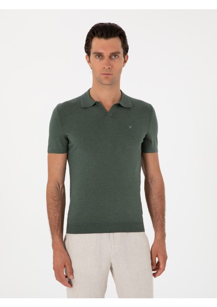 Erkek Koyu Yeşil Slim Fit Apaş Yaka Triko T-Shirt 50313020-VR079