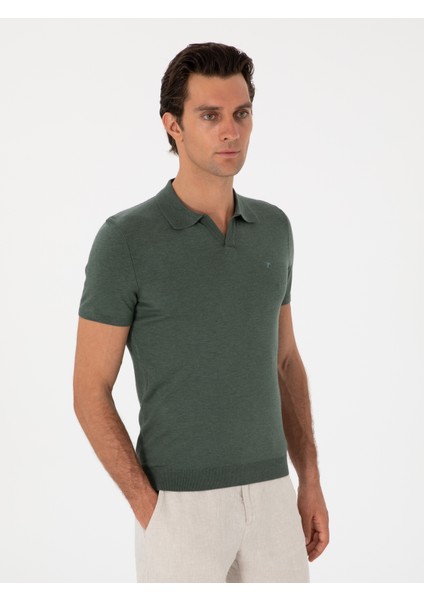Erkek Koyu Yeşil Slim Fit Apaş Yaka Triko T-Shirt 50313020-VR079