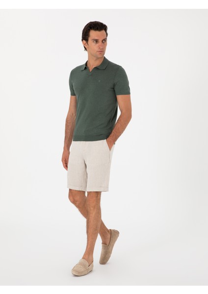 Erkek Koyu Yeşil Slim Fit Apaş Yaka Triko T-Shirt 50313020-VR079