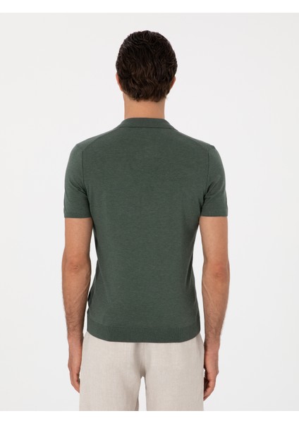 Erkek Koyu Yeşil Slim Fit Apaş Yaka Triko T-Shirt 50313020-VR079