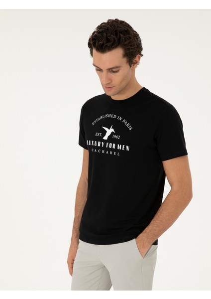 Erkek Siyah Slim Fit Bisiklet Yaka Desenli T-Shirt 50301469-VR046