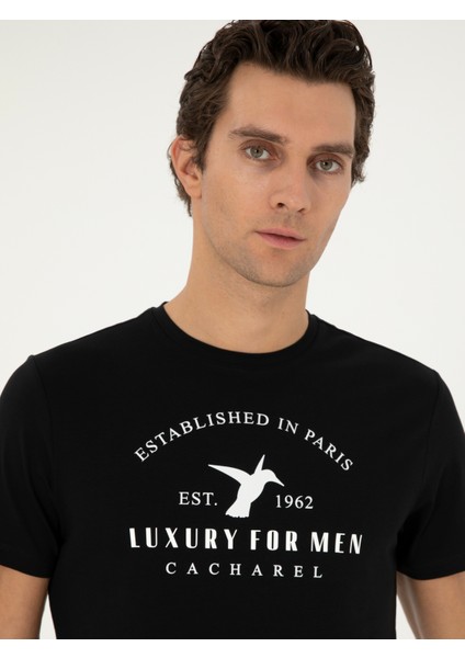 Erkek Siyah Slim Fit Bisiklet Yaka Desenli T-Shirt 50301469-VR046