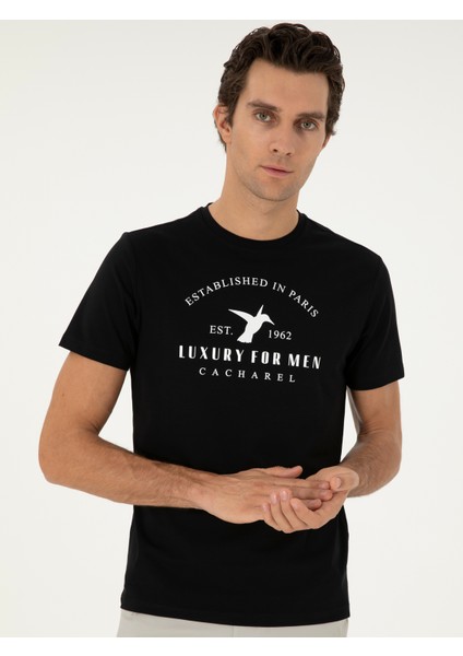Erkek Siyah Slim Fit Bisiklet Yaka Desenli T-Shirt 50301469-VR046