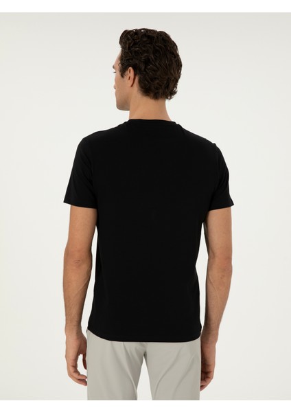 Erkek Siyah Slim Fit Bisiklet Yaka Desenli T-Shirt 50301469-VR046