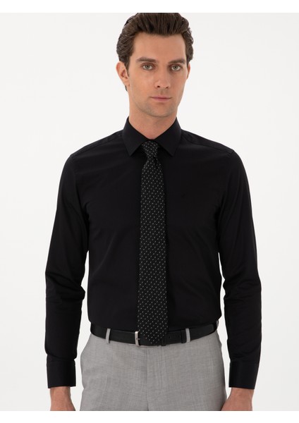 Erkek Siyah Slim Fit Uzun Kollu Basic Gömlek 50270154-VR046