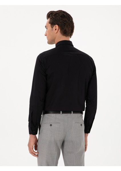 Erkek Siyah Slim Fit Uzun Kollu Basic Gömlek 50270154-VR046