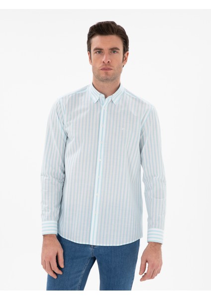 Erkek Turkuaz Regular Fit Çizgili Alttan Biritli Yakalı Gömlek 50300604-VR093