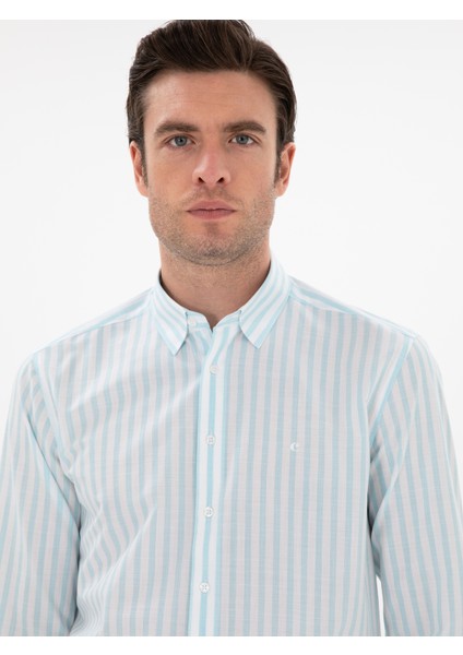 Erkek Turkuaz Regular Fit Çizgili Alttan Biritli Yakalı Gömlek 50300604-VR093 fiyatları