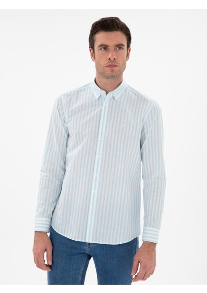 Erkek Turkuaz Regular Fit Çizgili Alttan Biritli Yakalı Gömlek 50300604-VR093 modelleri