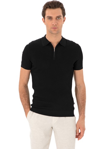 Erkek Siyah Slim Fit Fermuarlı Polo Yaka Triko T-Shirt 50300834-VR046