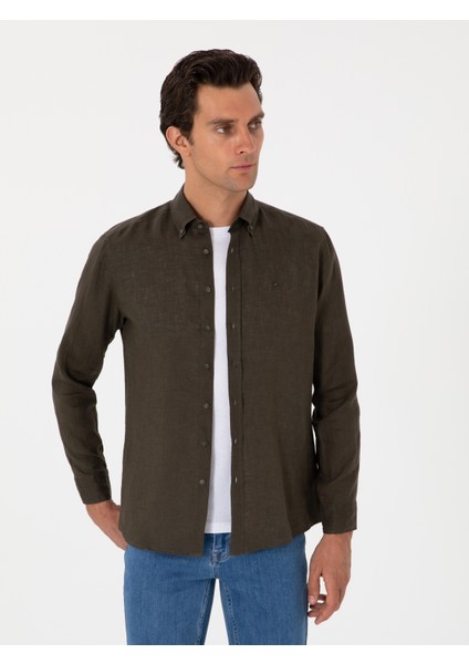 Erkek Koyu Haki Regular Fit %100 Keten Gömlek 50303617-VR111
