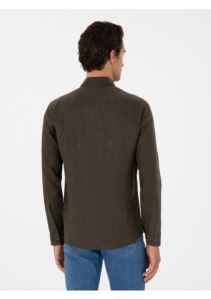 Erkek Koyu Haki Regular Fit %100 Keten Gömlek 50303617-VR111