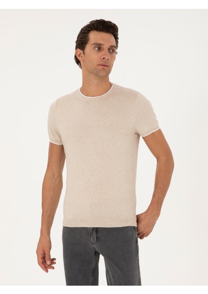 Erkek Bej Slim Fit Keten Karışımlı Bisiklet Yaka Triko T-Shirt 50285518-VR011