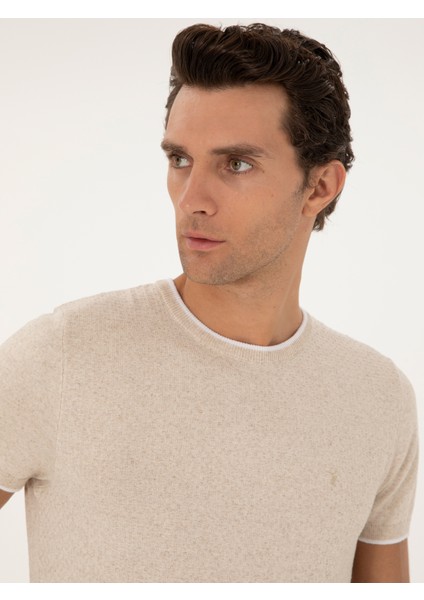 Erkek Bej Slim Fit Keten Karışımlı Bisiklet Yaka Triko T-Shirt 50285518-VR011 fiyatları