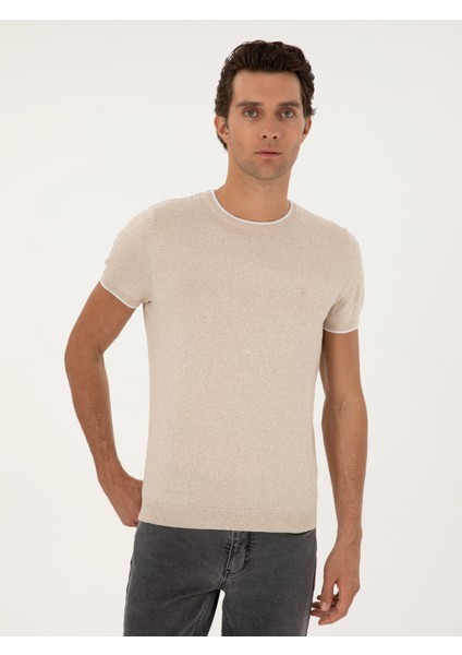 Erkek Bej Slim Fit Keten Karışımlı Bisiklet Yaka Triko T-Shirt 50285518-VR011 modelleri