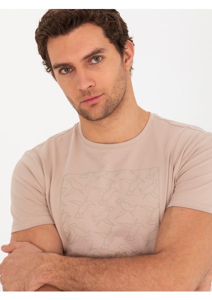 Erkek Bej Bisiklet Yaka Slim Fit T-Shirt 50266621-VR011