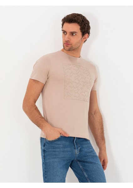 Erkek Bej Bisiklet Yaka Slim Fit T-Shirt 50266621-VR011