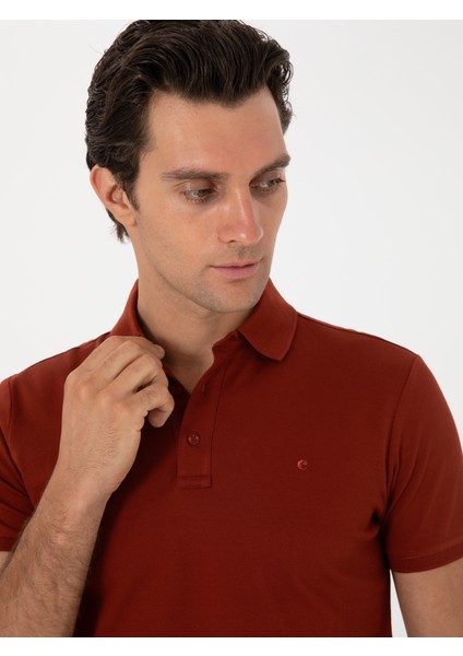 Erkek Kiremit Slim Fit Polo Yaka Pamuklu Basic T-Shirt 50300934-VR031