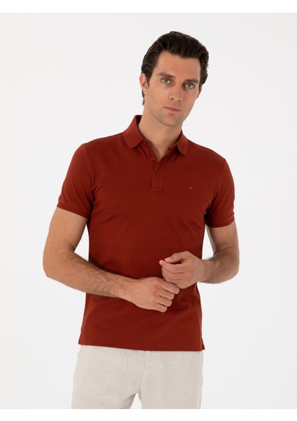 Erkek Kiremit Slim Fit Polo Yaka Pamuklu Basic T-Shirt 50300934-VR031