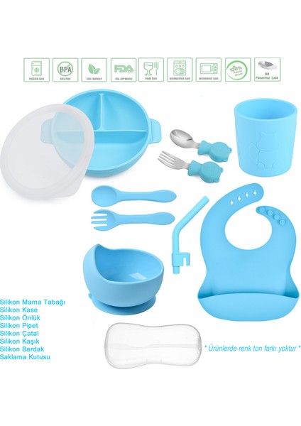 Silikon Beslenme Seti / Kapaklı Vakumlu Silikon Mama Tabağı, Kase, Çatal, Kaşık, Pipet, Önlük, Bardak, Paslanmaz Çelik Çatal, Kaşık ve Saklama Kutusu / Mavi