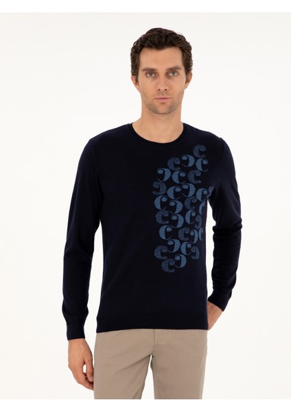 Erkek Lacivert Slim Fit Bisiklet Yaka Yün Triko Kazak 50291586-VR033