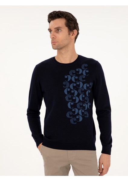 Erkek Lacivert Slim Fit Bisiklet Yaka Yün Triko Kazak 50291586-VR033