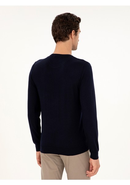 Erkek Lacivert Slim Fit Bisiklet Yaka Yün Triko Kazak 50291586-VR033