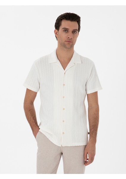 Erkek Ekru Regular Fit Apaş Yaka Örme Gömlek 50306018-VR019