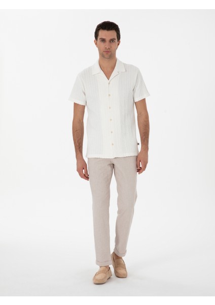 Erkek Ekru Regular Fit Apaş Yaka Örme Gömlek 50306018-VR019