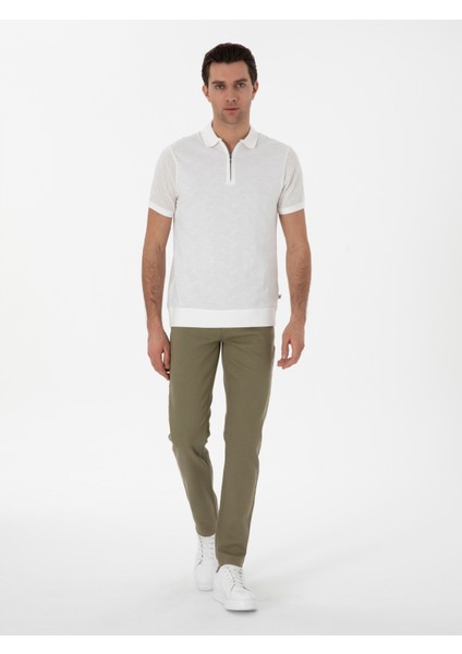 Erkek Ekru Regular Fit Fermuarlı Polo Yaka Desenli T-Shirt 50302727-VR019