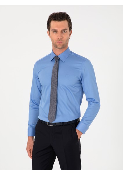 Erkek Mavi Slim Fit Pamuklu Klasik Gömlek 50311551-VR036