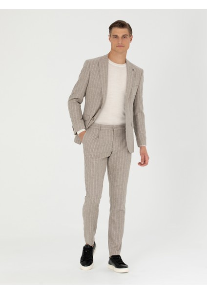 Erkek Bej Slim Fit Yün Kaşmir Karışımlı Çizgili Klasik Ceket 50272614-VR011
