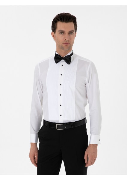 Erkek Beyaz Slim Fit Pamuk Karışımlı Ata Yaka Smokin Gömlek 50308852-VR013