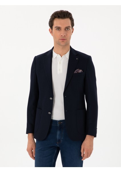 Erkek Koyu Lacivert Slim Fit Dokulu Yün Karışımlı Ceket 50300052-VR100
