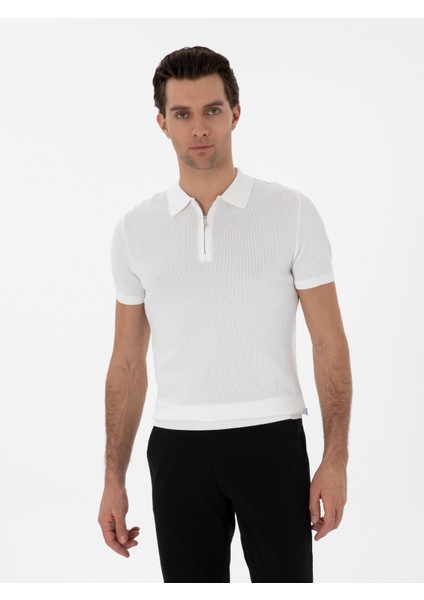 Erkek Ekru Slim Fit Fermuarlı Polo Yaka Triko T-Shirt 50300834-VR019