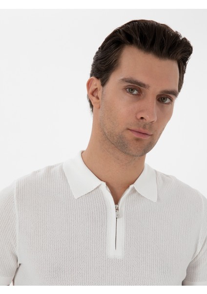 Erkek Ekru Slim Fit Fermuarlı Polo Yaka Triko T-Shirt 50300834-VR019